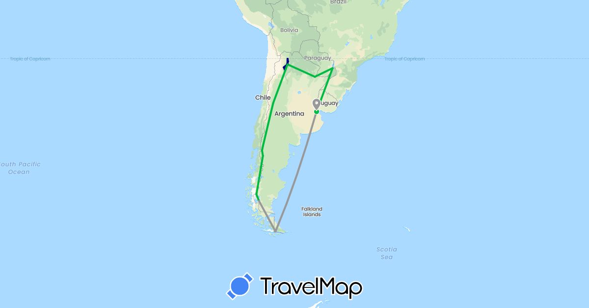 TravelMap itinerary: driving, bus, plane in Argentina (South America)